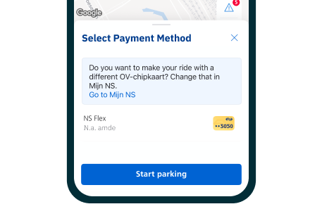 In-app payment step with a Start parking button to begin a rental.